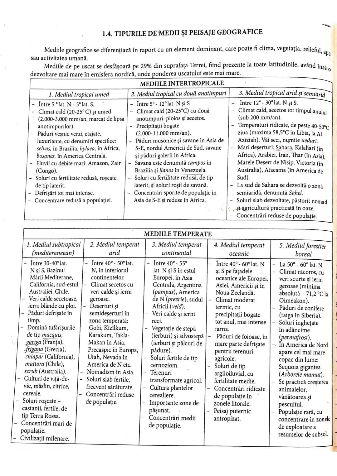 # 1.4. TIPURILE DE MEDII ȘI PEISAJE GEOGRAFICE
Mediile geografice se diferențiază în raport cu un element dominant, care poate fi clima, ve