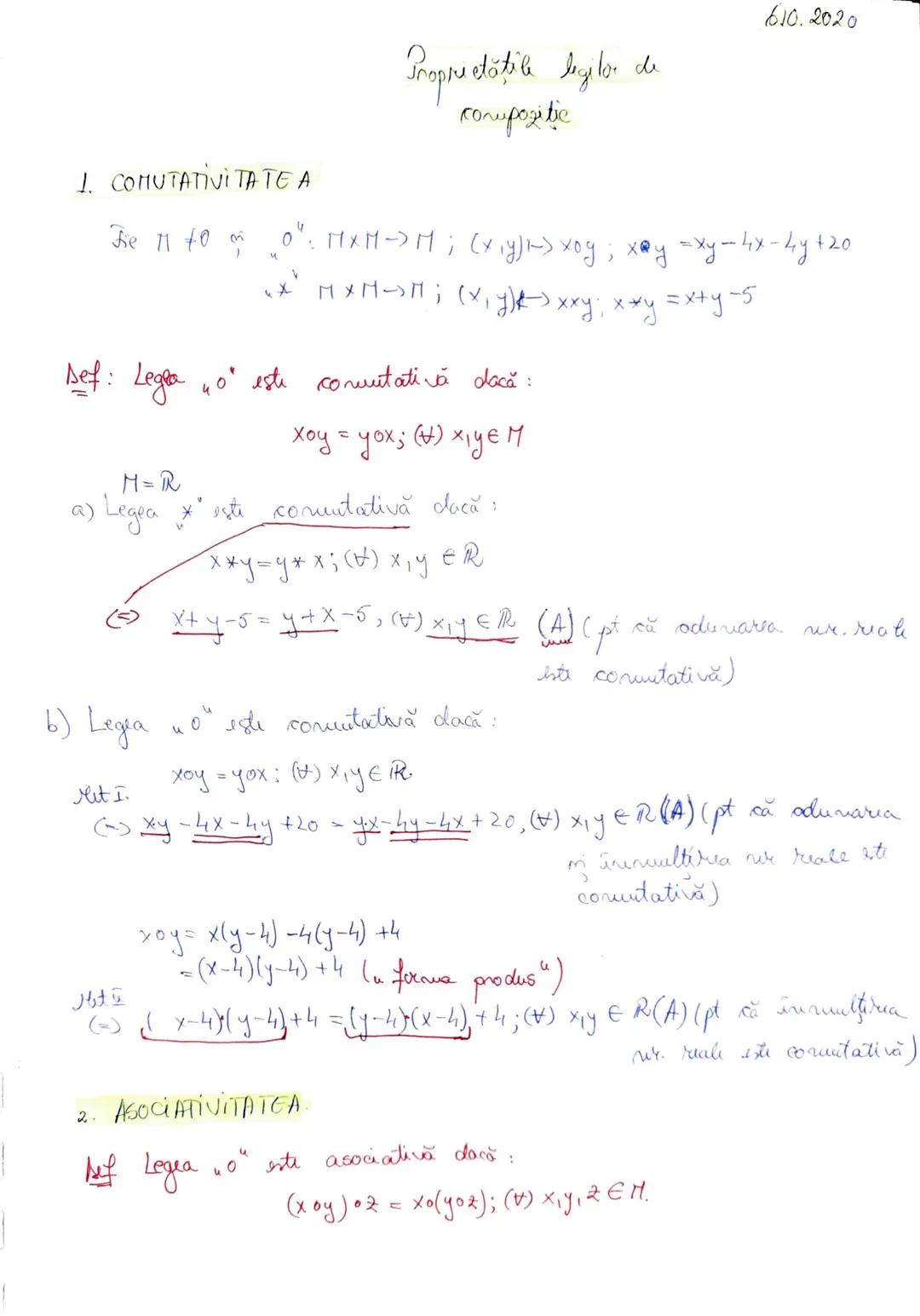 # Proprietăți ale legilor de
compoziție
6.10.2020
1. COMUTATIVITATEA
Fie $\Pi$ o mulțime, $\circ \colon \Pi \times \Pi \to \Pi$, $(x,y) \m