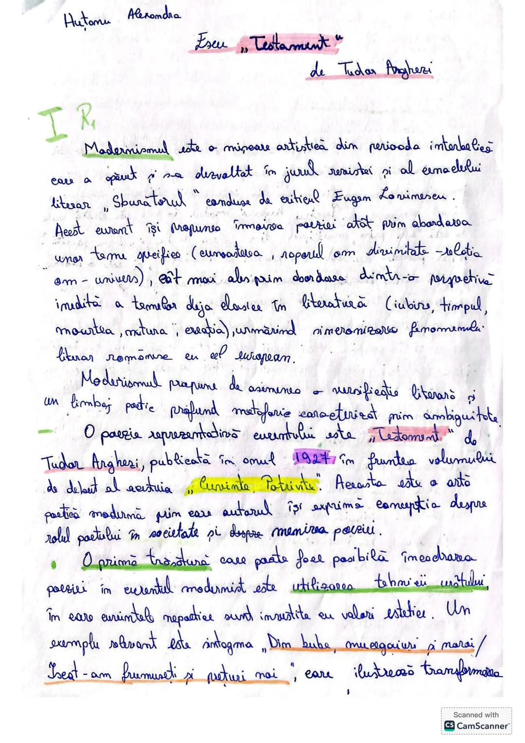 Hutamu Alexandra
IR
Eseu Testament"
১৯
de Tudar Arghezi
Madernisonul este o mipeare artistica din perioada interbelico
care a opent i s