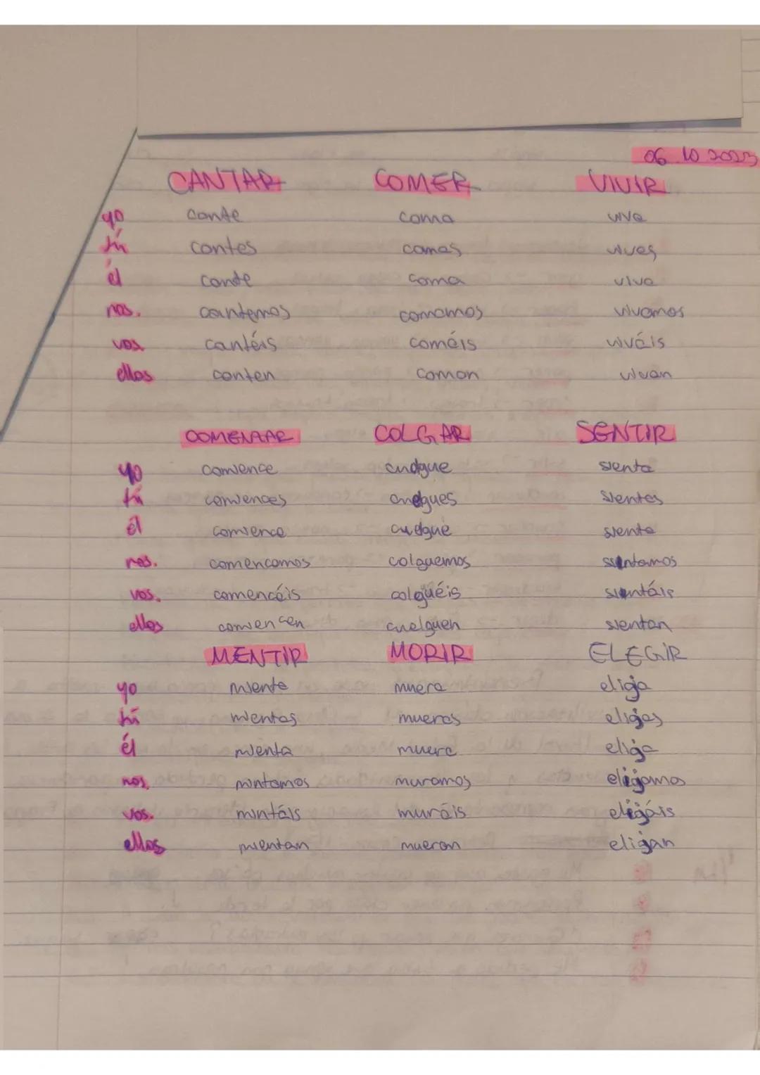 El presente
14 09 2023
-AR
-ER
-IR
cantar
Comer
vivin
yo canto como vivo
tu cantas comes vives
el conto Come vive
nos. cantamos comemos vivi