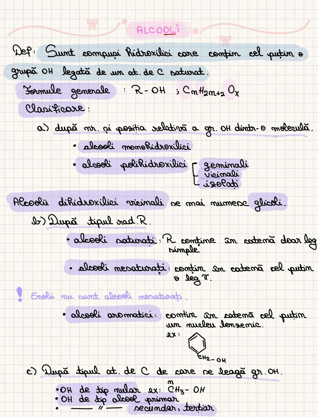 # ALCOOLI
Def: Sunt compusi hidroxilici care conțin cel putin o
grupă OH legată de un at. de C saturat.
Formule generale : R-OH ; $C_{m}H_{2