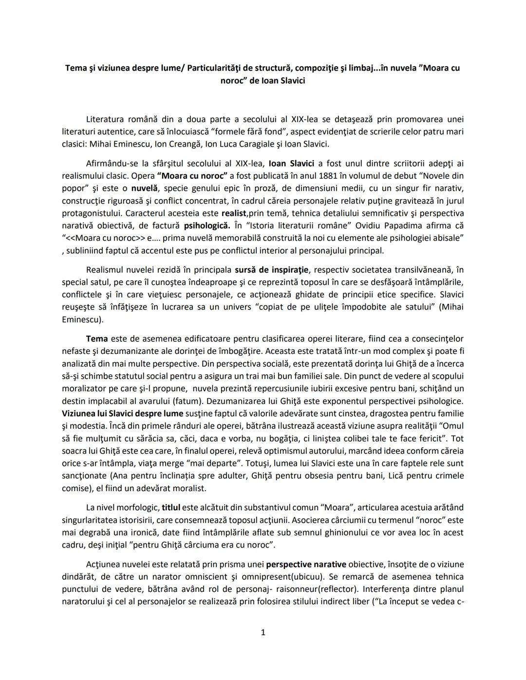 # Tema şi viziunea despre lume/Particularităţi de structură, compoziţie şi limbaj...în nuvela "Moara cu
noroc" de loan Slavici
Literatura r