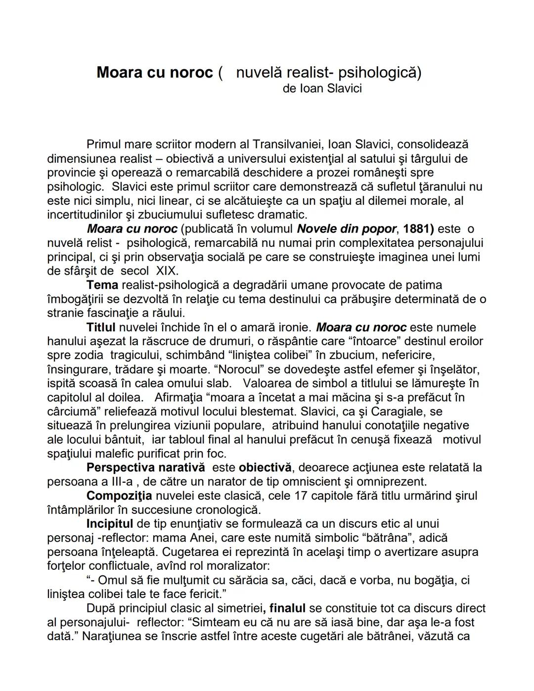# Moara cu noroc ( nuvelă realist- psihologică)
de loan Slavici
Primul mare scriitor modern al Transilvaniei, loan Slavici, consolidează
di