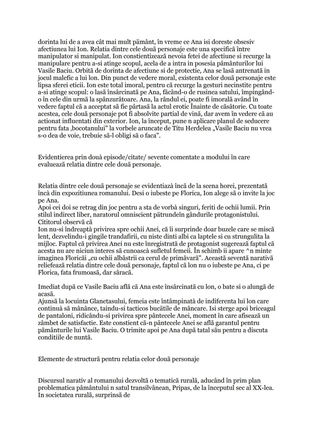 # Relatia dintre două personaje- lon-Ana
Romanul Ion de Liviu Rebreanu, cel care deschide in 1920 seria mari or romane ale
literaturii inte
