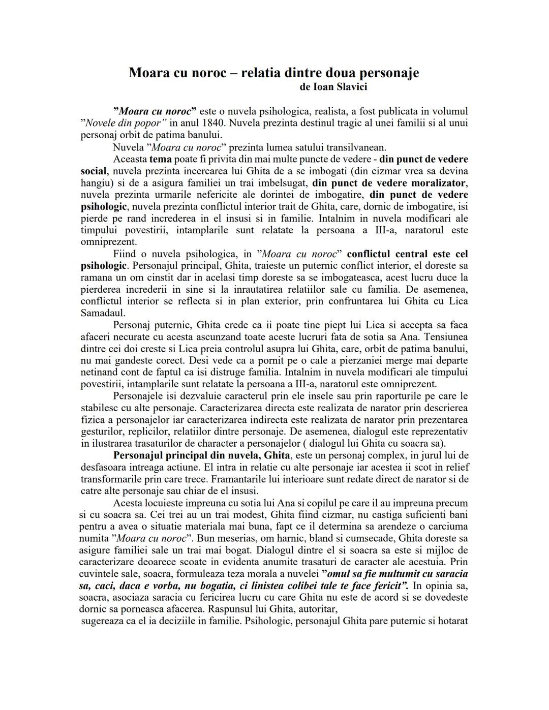 # Moara cu noroc - relatia dintre doua personaje
de Ioan Slavici
"Moara cu noroc" este o nuvela psihologica, realista, a fost publicata in