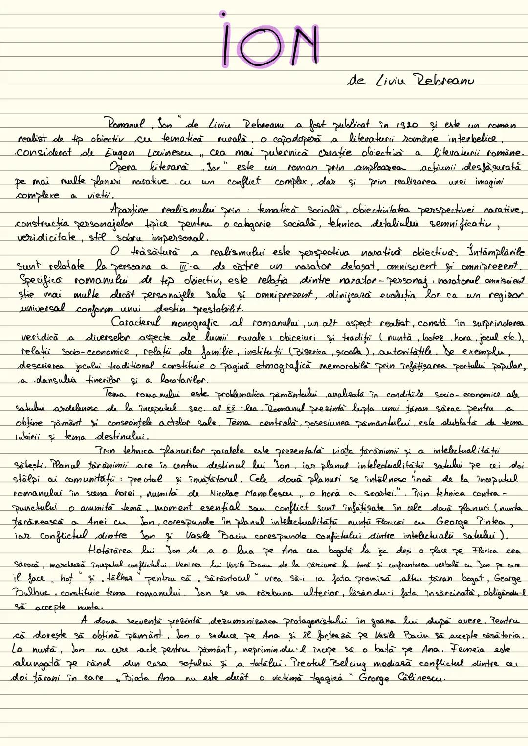 # ION
de Liviu Rebreanu
Romanul, Son de Liviu Rebreanu a fost publicat în 1920 şi este un roman
realist de tip obiectiv cu tematică ruralà