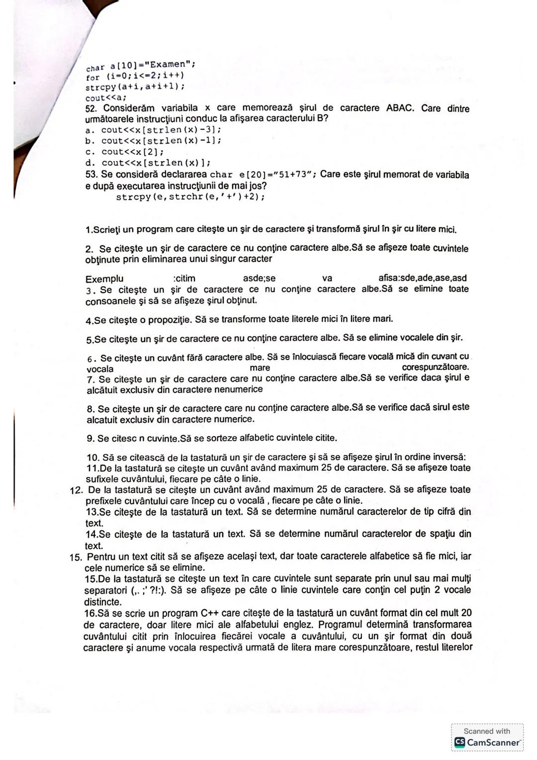 # Grile si probleme siruri de caractere in C++
ŞIRURI DE CARACTERE
Itemii următori sunt preluaţi din variantele de bacalaureat 2009.
1. Î