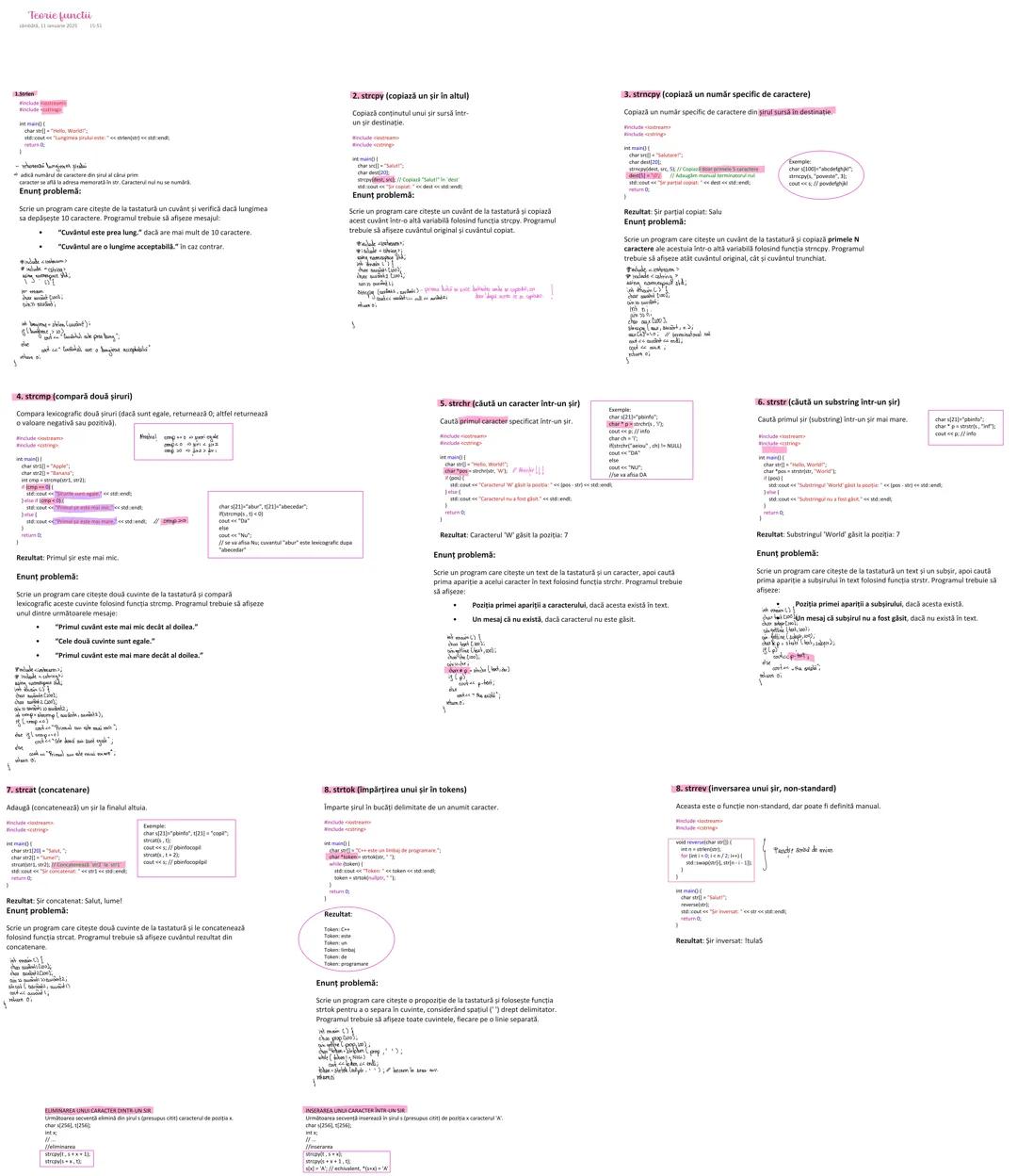 Teorie functii
2. stropy (copiază un sir în altul)
Copiază conținutul unui sir sursă într-
un sir destinatie.
Enunt problemă:
Scrie un pr