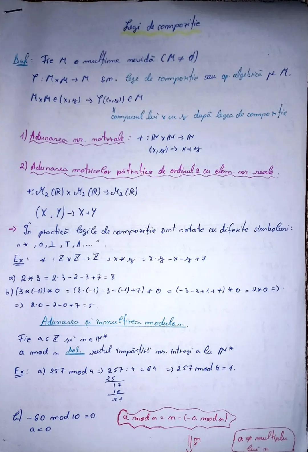 # Legi de compoziție
Aek: Fie M o multime nevida (M + d)
P: MxM→M S.m. lege de comportie sau op. algebrică pe M.
MxMe (x,y) → ((x)) EM
c