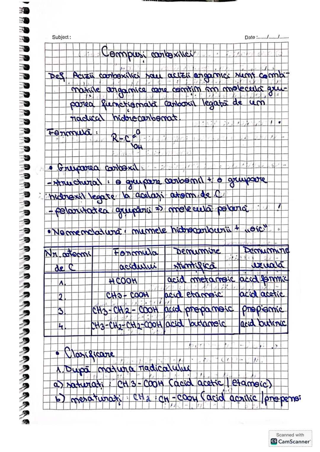 Subject:
Date :......./................
# Compusi carboxilici
Def. Acizii carbexilici sau acizli ecizi organici sunt combi-
natiile argami