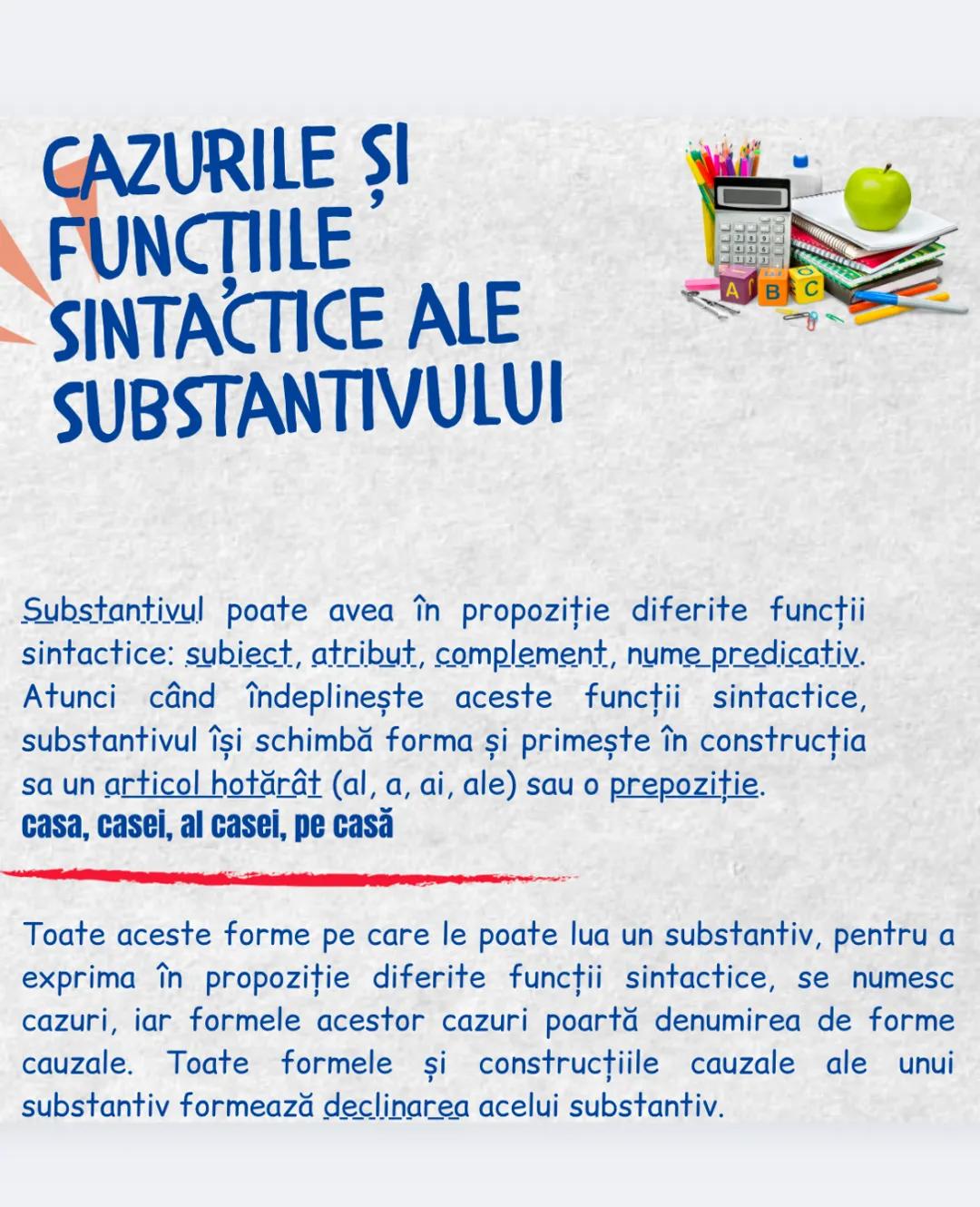# CAZURILE ŞI
# FUNCŢIILE
# SINTACTICE ALE
# SUBSTANTIVULUI
ABC
Substantivul poate avea în propoziție diferite funcții
sintactice: subiect