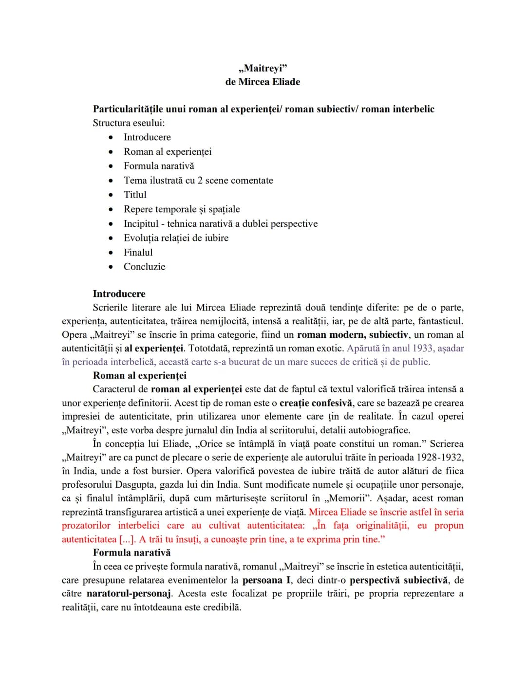 # „Maitreyi"
de Mircea Eliade
Particularitățile unui roman al experienței/ roman subiectiv/ roman interbelic
Structura eseului:
- Introduc