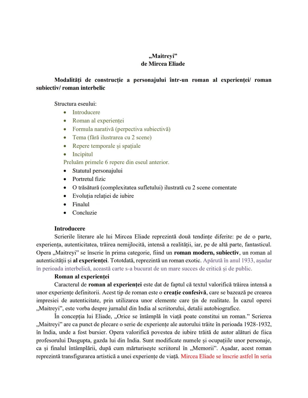 # „Maitreyi"
de Mircea Eliade
Particularitățile unui roman al experienței/ roman subiectiv/ roman interbelic
Structura eseului:
- Introduc
