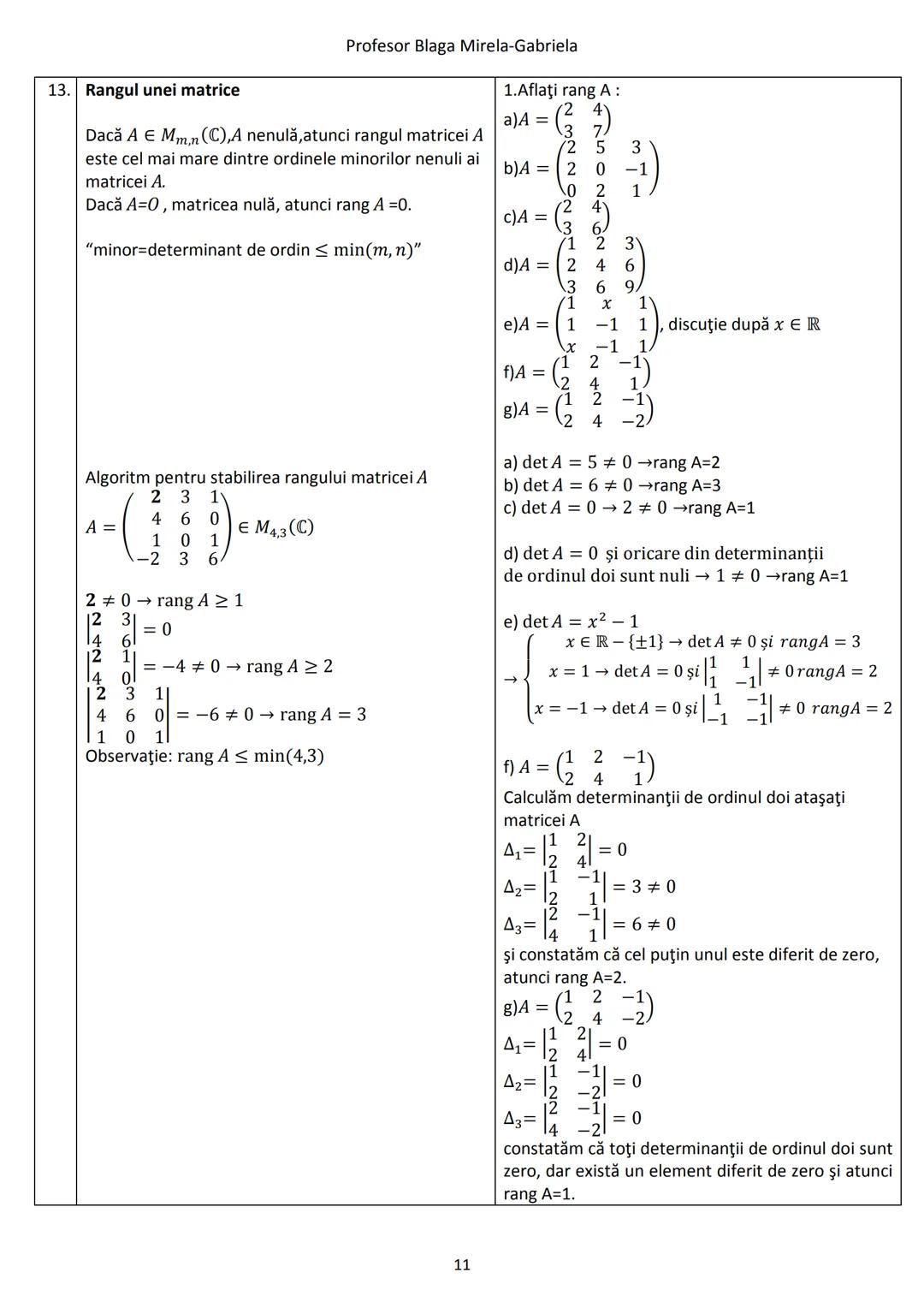 # Profesor Blaga Mirela-Gabriela
9. **Teorema Hamilton-Cayley**
(T.H-C) pentru matrice pătratice de ordinul doi
Fie $A = \begin{pmatrix} a