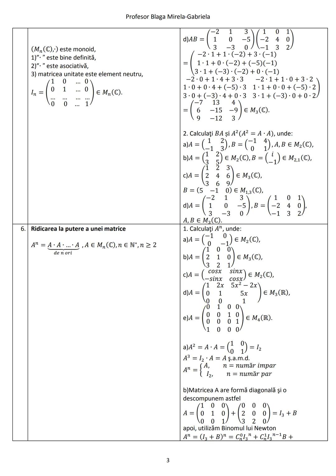 # Profesor Blaga Mirela-Gabriela
9. **Teorema Hamilton-Cayley**
(T.H-C) pentru matrice pătratice de ordinul doi
Fie $A = \begin{pmatrix} a