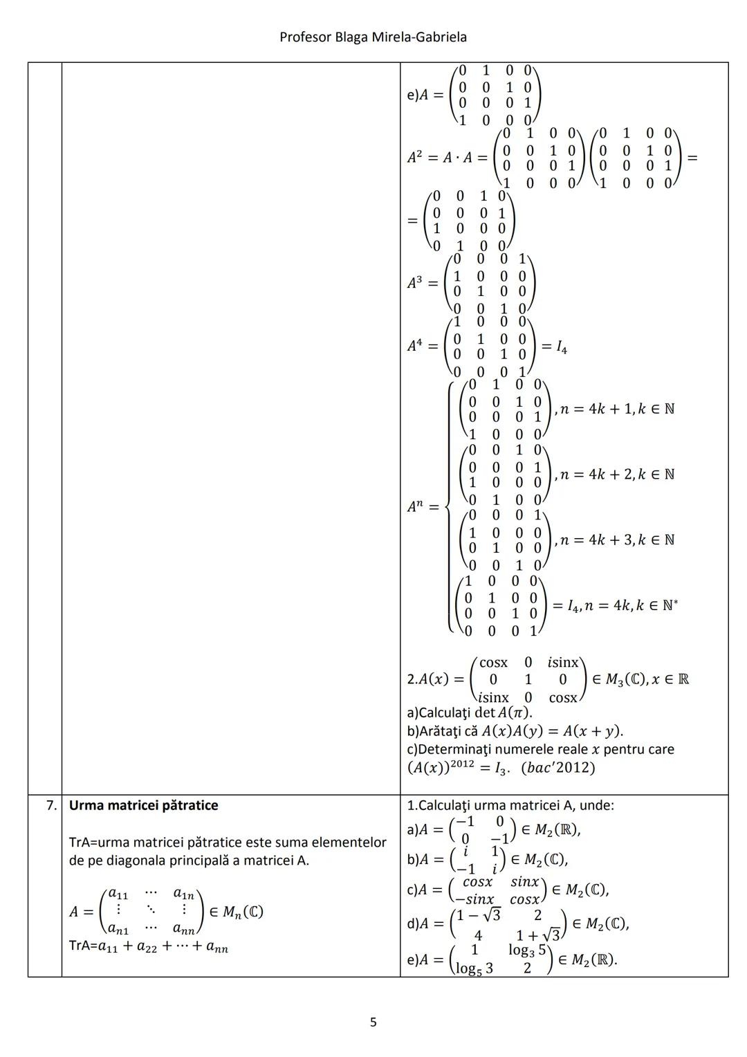 # Profesor Blaga Mirela-Gabriela
9. **Teorema Hamilton-Cayley**
(T.H-C) pentru matrice pătratice de ordinul doi
Fie $A = \begin{pmatrix} a