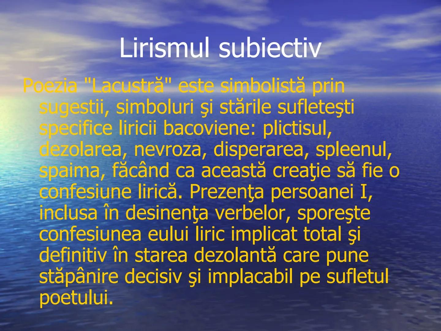 # LACUSTRA
de G. Bacovia
APARITIE
1916, in volumul Plumb # SEMNIFICATIA TITLULUI
- Sens denotativ - locuinta
primitiva, temporara si
nes