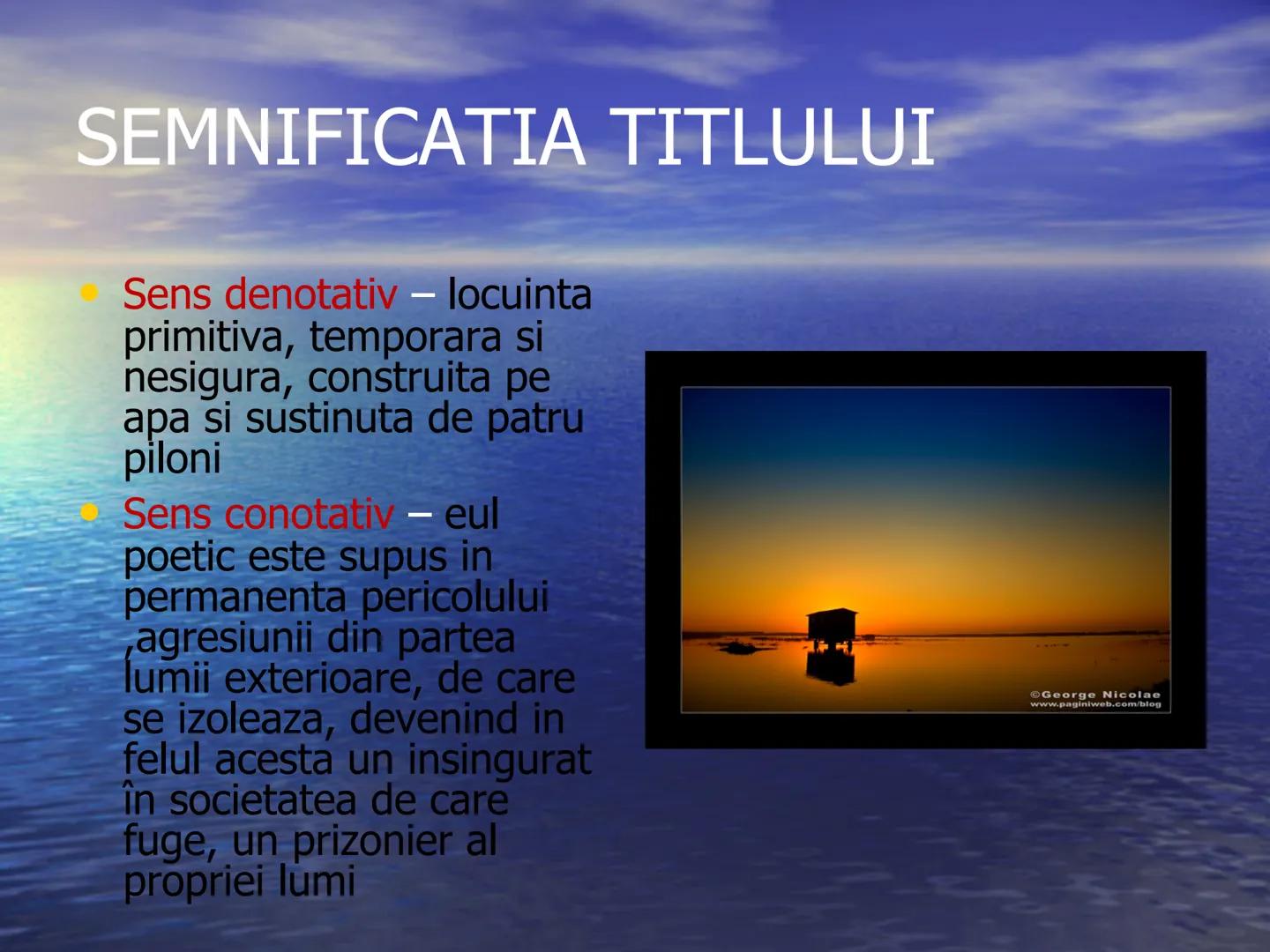 # LACUSTRA
de G. Bacovia
APARITIE
1916, in volumul Plumb # SEMNIFICATIA TITLULUI
- Sens denotativ - locuinta
primitiva, temporara si
nes