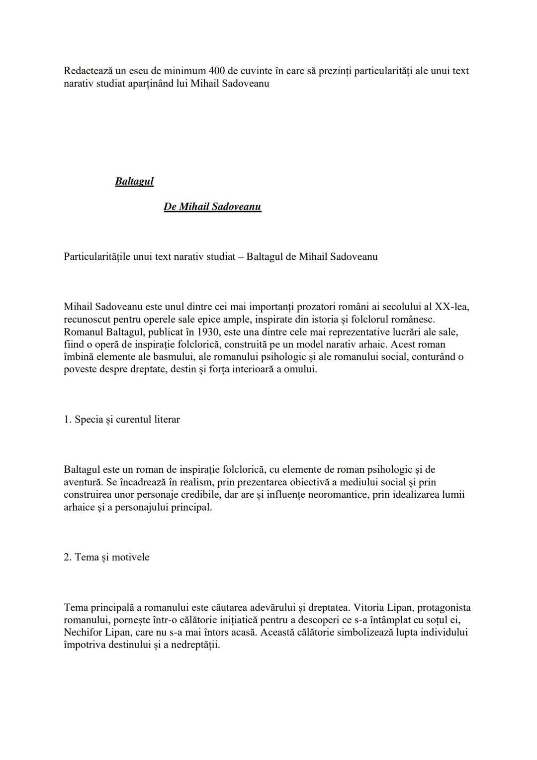 Redactează un eseu de minimum 400 de cuvinte în care să prezinți particularități ale unui text
narativ studiat aparținând lui Mihail Sadovea