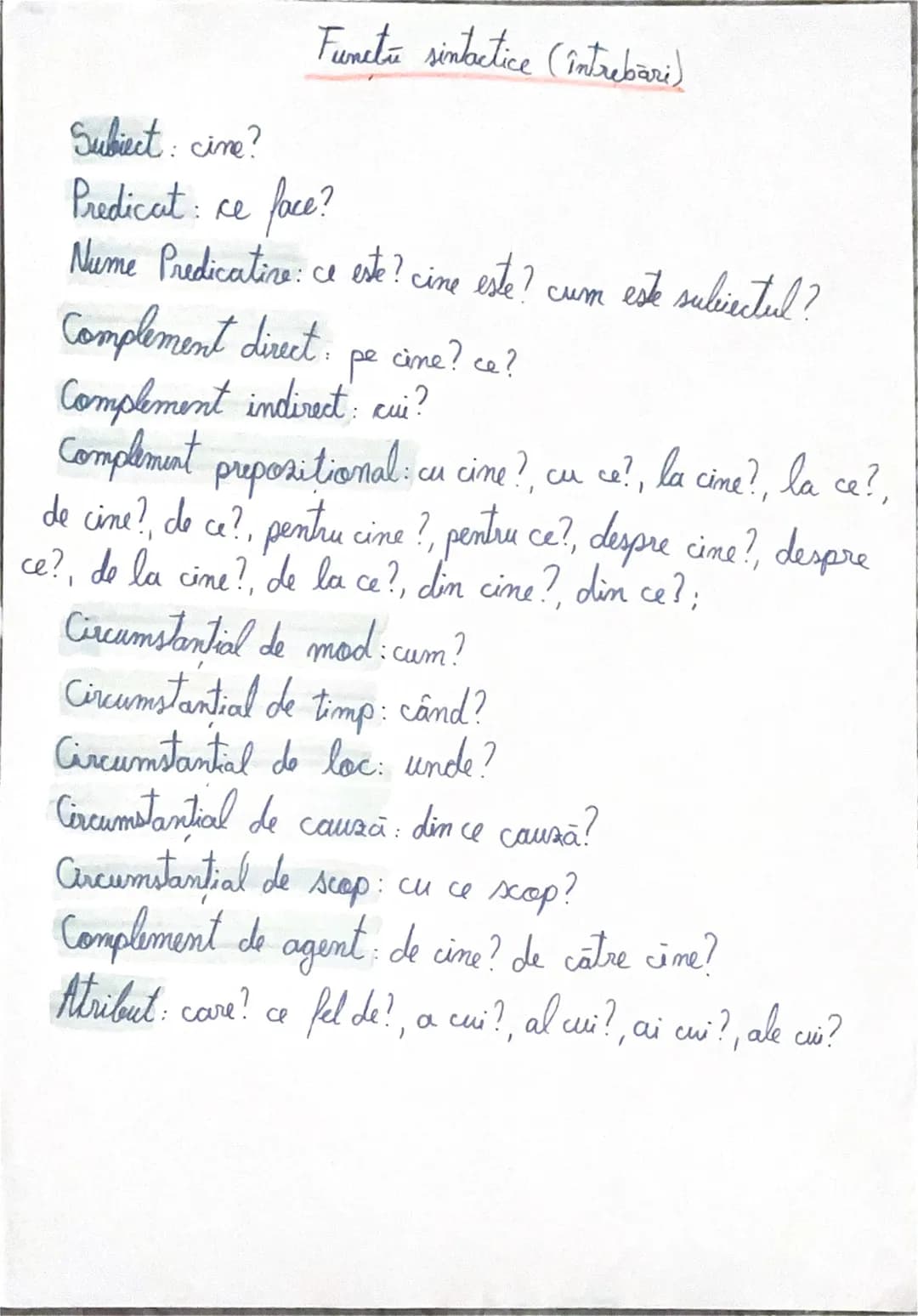Cazurile (intrebari)
Nominative (N): cine?
Acurative (Ac): pe cine?, ce?, cu cine?, cu ce?, la cine? la
ce?, de cine?, de ce?, pentru cine