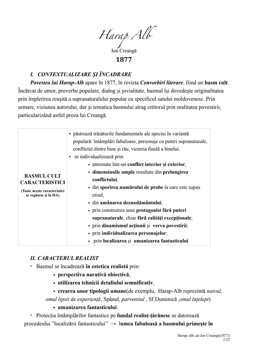 --- OCR Start ---
Harap Alb
Ion Creangă
1877
I. CONTEXTUALIZARE ȘI ÎNCADRARE
Povestea lui Harap-Alb apare în 1877, în revista Convorbiri lit