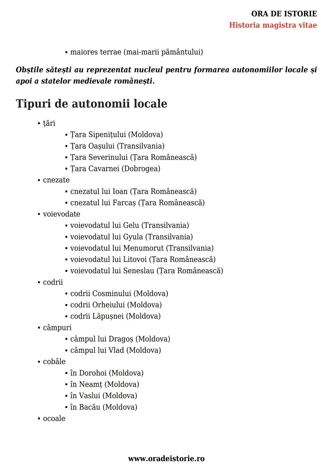 --- OCR Start ---
Autonomii locale și
centrale în spaţiul românesc
(secolele IX-XVIII)
Schiţa lecției
1. Autonomii locale
2. Constituirea st