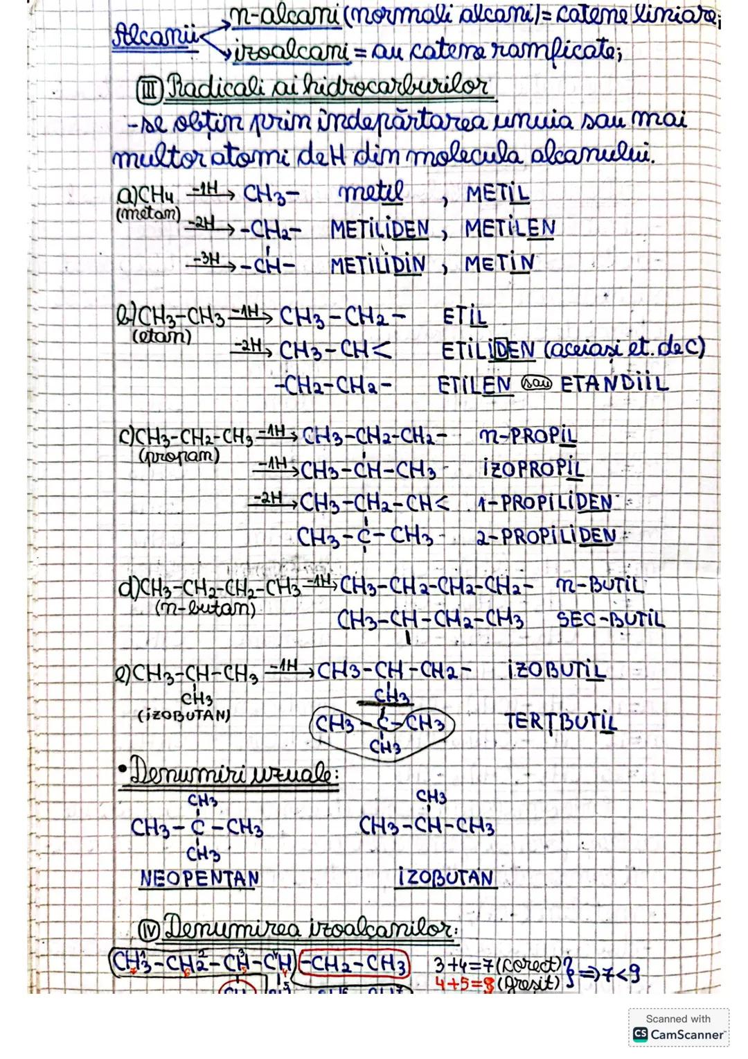 # Alcani
$n$-alcani (normali alcani)= catene liniare;
$izoalcani$ = au catene ramificate;
## II Radicali ai hidrocarburilor
- se obțin prin