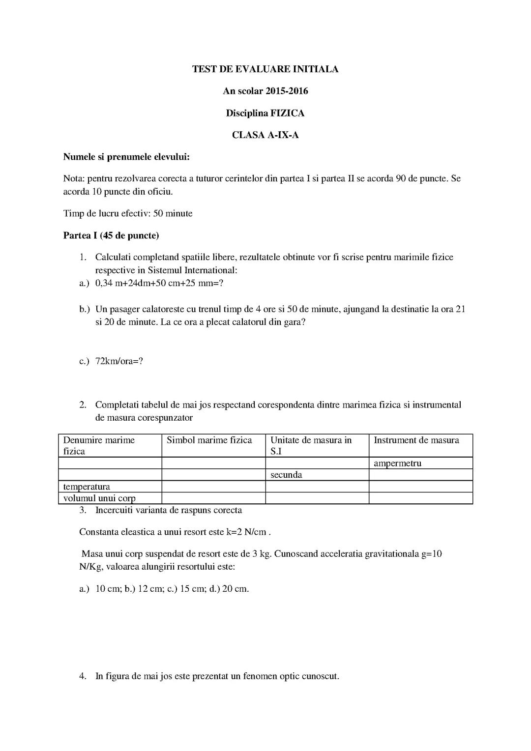 Test de evaluare fizică clasa a IX-a
