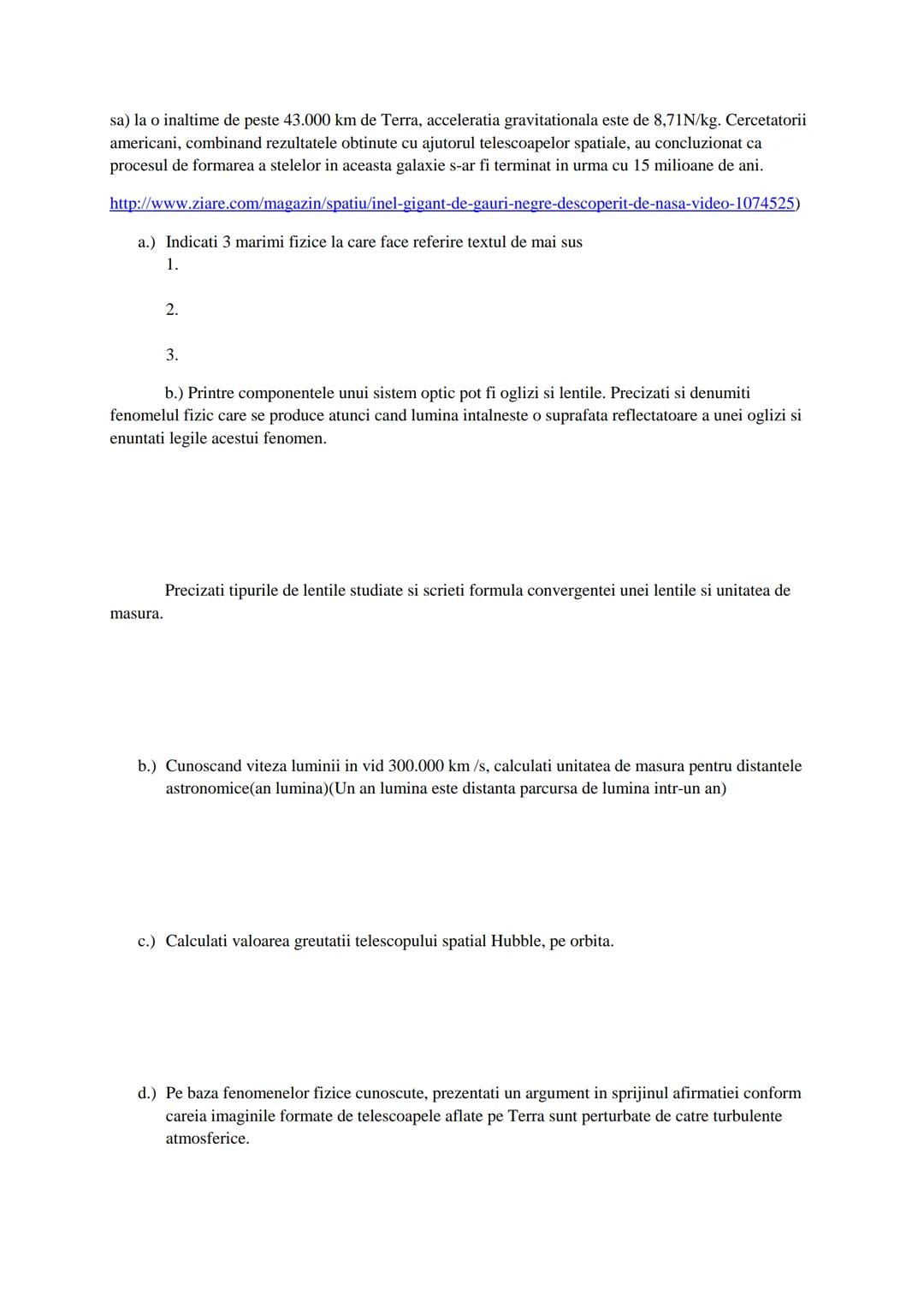 --- OCR Start ---
Numele si prenumele elevului:
TEST DE EVALUARE INITIALA
An scolar 2015-2016
Disciplina FIZICA
CLASA A-IX-A
Nota: pentru re