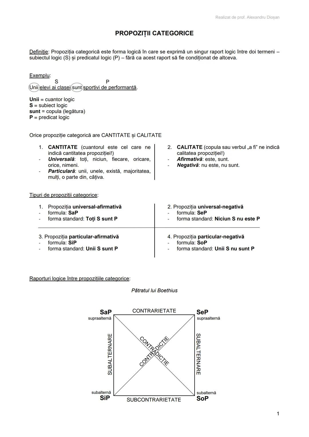 Realizat de prof. Alexandru Diosan
# PROPOZIŢII CATEGORICE
Definitie: Propoziția categorică este forma logică în care se exprimă un singur