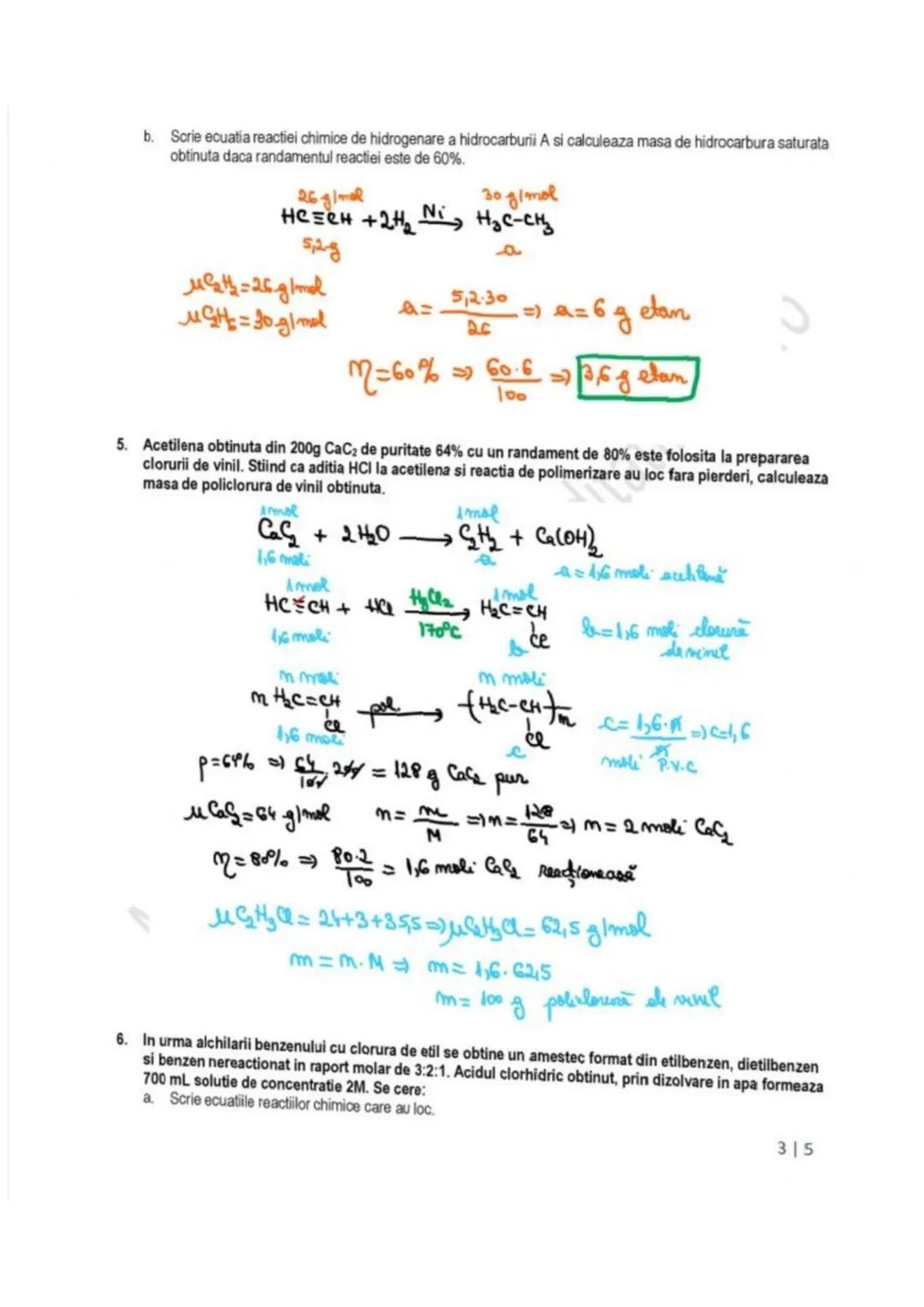 b. Scrie ecuatia reactiei chimice de hidrogenare a hidrocarburii A si calculeaza masa de hidrocarbura saturata
obtinuta daca randamentul rea