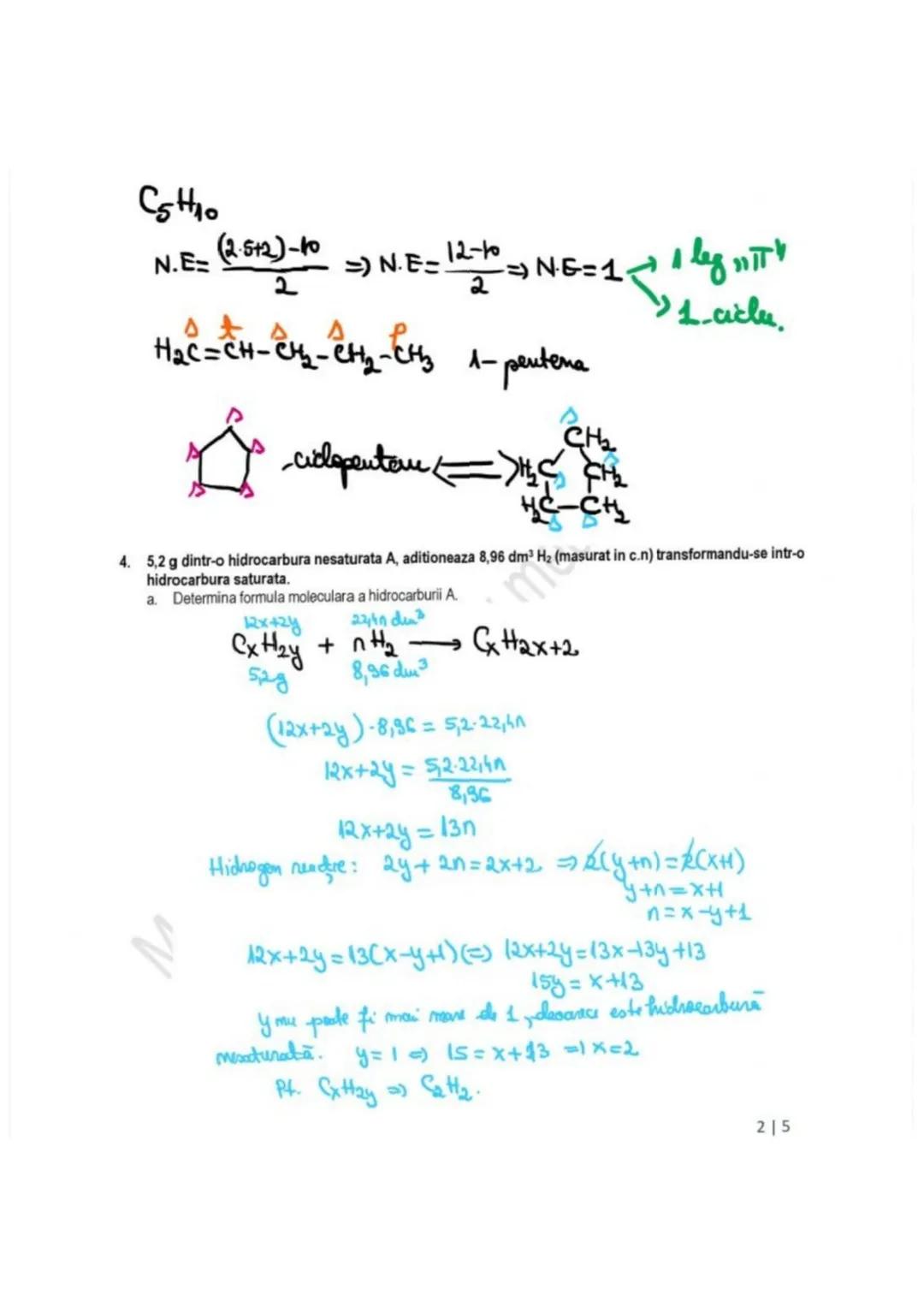 b. Scrie ecuatia reactiei chimice de hidrogenare a hidrocarburii A si calculeaza masa de hidrocarbura saturata
obtinuta daca randamentul rea