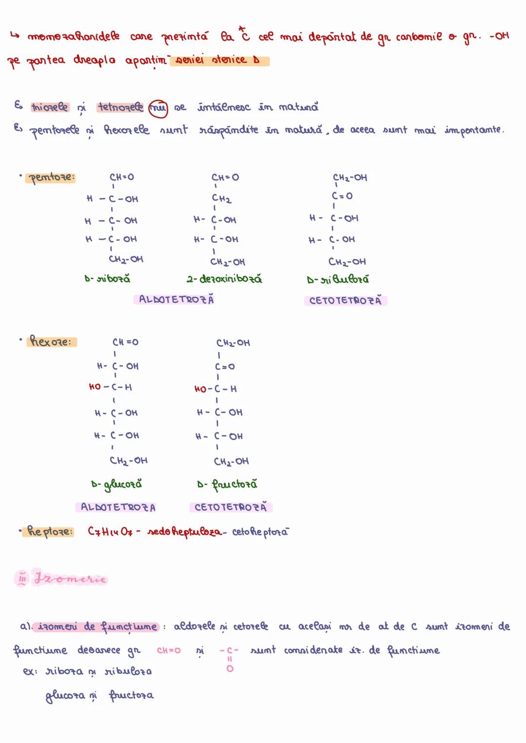 # 4 monozaharidele care prezintă la C cel mai depărtat de gr. carbonil o gr. -OH pe partea dreaptă aparțin seriei sterice D
# 5 triozele și