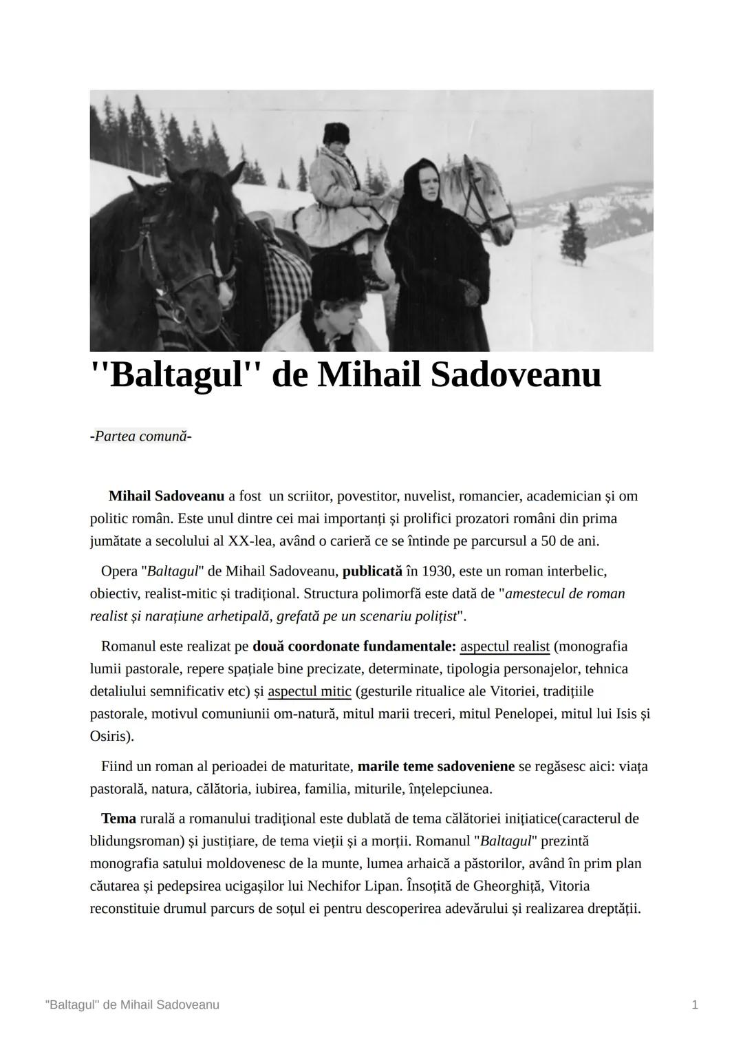 # "Baltagul" de Mihail Sadoveanu
-Partea comună-
Mihail Sadoveanu a fost un scriitor, povestitor, nuvelist, romancier, academician şi om
p