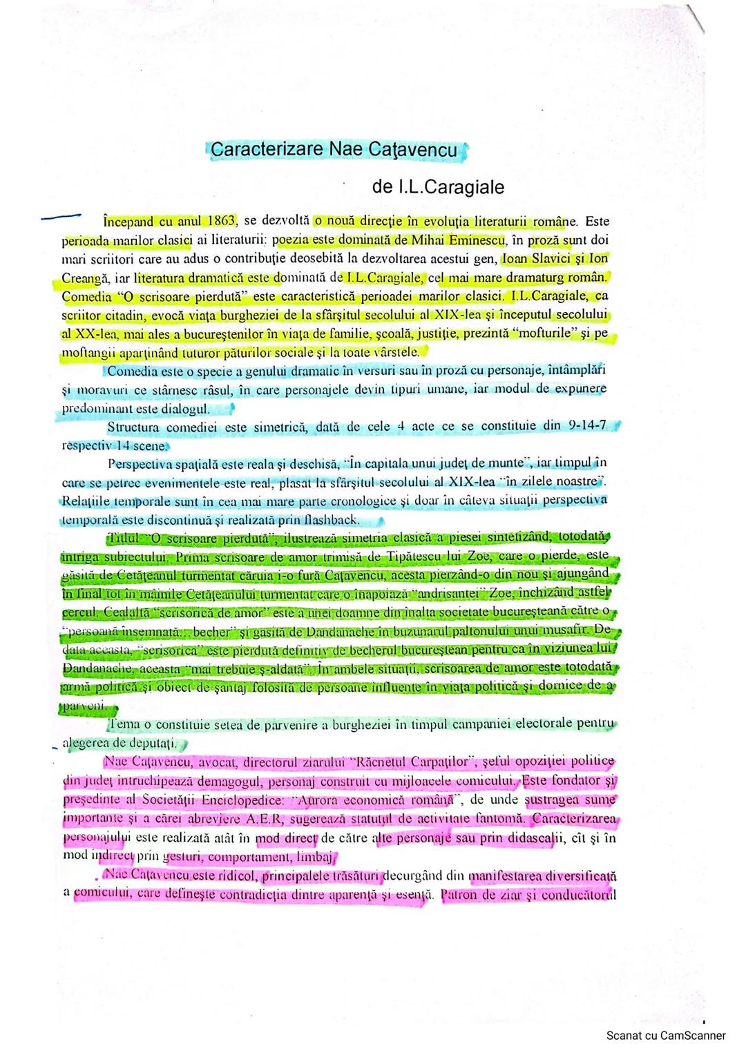 # Caracterizare Nae Caţavencu
de I.L.Caragiale
Începand cu anul 1863, se dezvoltă o nouă direcţie în evoluția literaturii române. Este
per