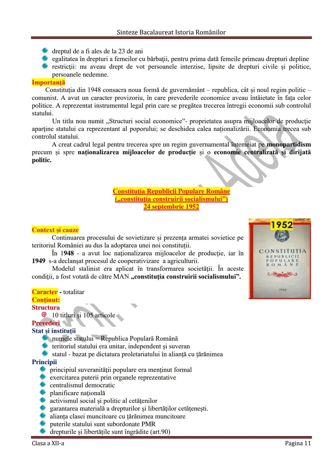# Sinteze Bacalaureat Istoria Românilor
TEMA 7
# CONSTITUŢIILE DIN ROMÂNIA
CONSTITUȚIE - Lege fundamentală a unui stat care determină for