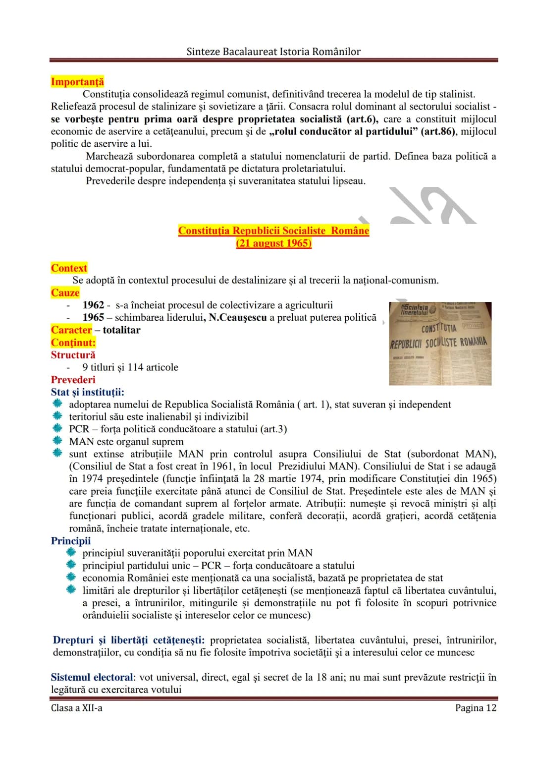 # Sinteze Bacalaureat Istoria Românilor
TEMA 7
# CONSTITUŢIILE DIN ROMÂNIA
CONSTITUȚIE - Lege fundamentală a unui stat care determină for