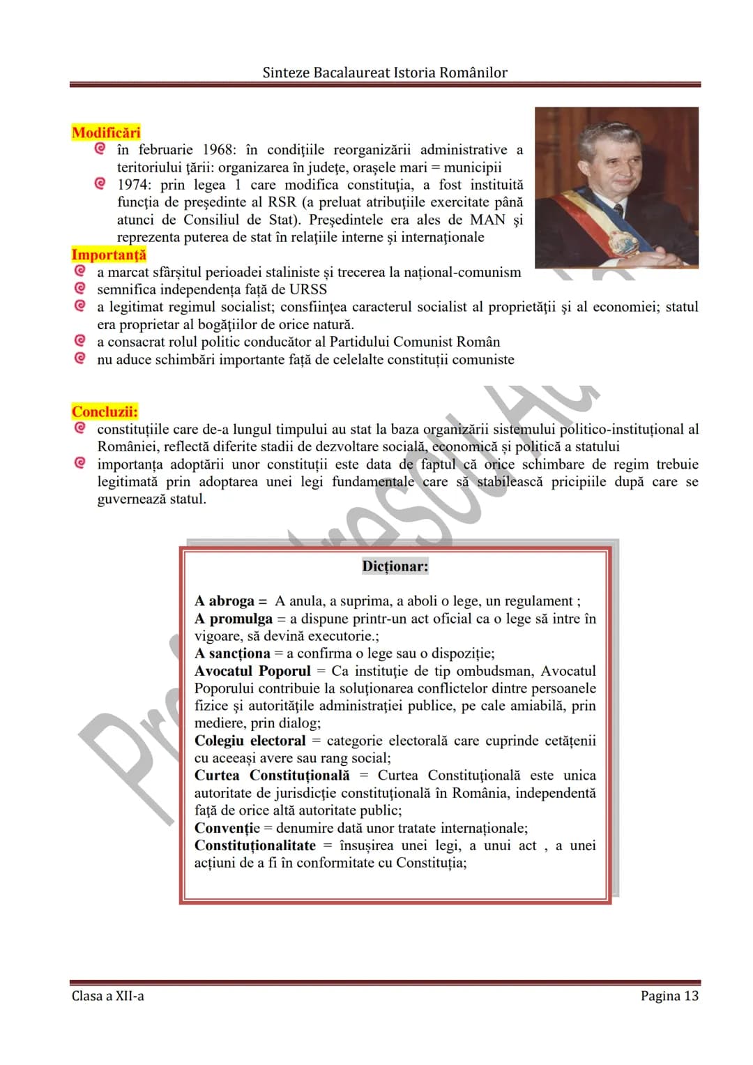 # Sinteze Bacalaureat Istoria Românilor
TEMA 7
# CONSTITUŢIILE DIN ROMÂNIA
CONSTITUȚIE - Lege fundamentală a unui stat care determină for