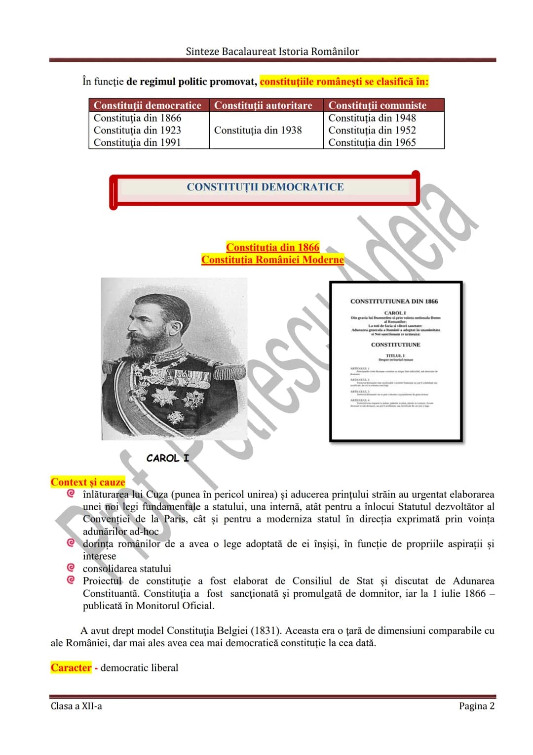 # Sinteze Bacalaureat Istoria Românilor
TEMA 7
# CONSTITUŢIILE DIN ROMÂNIA
CONSTITUȚIE - Lege fundamentală a unui stat care determină for