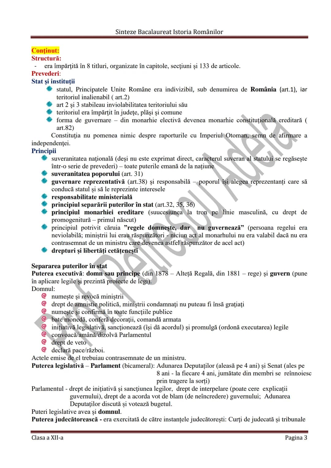 # Sinteze Bacalaureat Istoria Românilor
TEMA 7
# CONSTITUŢIILE DIN ROMÂNIA
CONSTITUȚIE - Lege fundamentală a unui stat care determină for