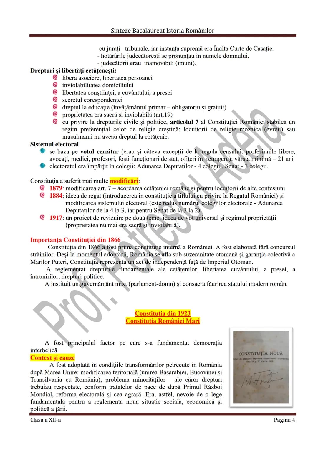 # Sinteze Bacalaureat Istoria Românilor
TEMA 7
# CONSTITUŢIILE DIN ROMÂNIA
CONSTITUȚIE - Lege fundamentală a unui stat care determină for