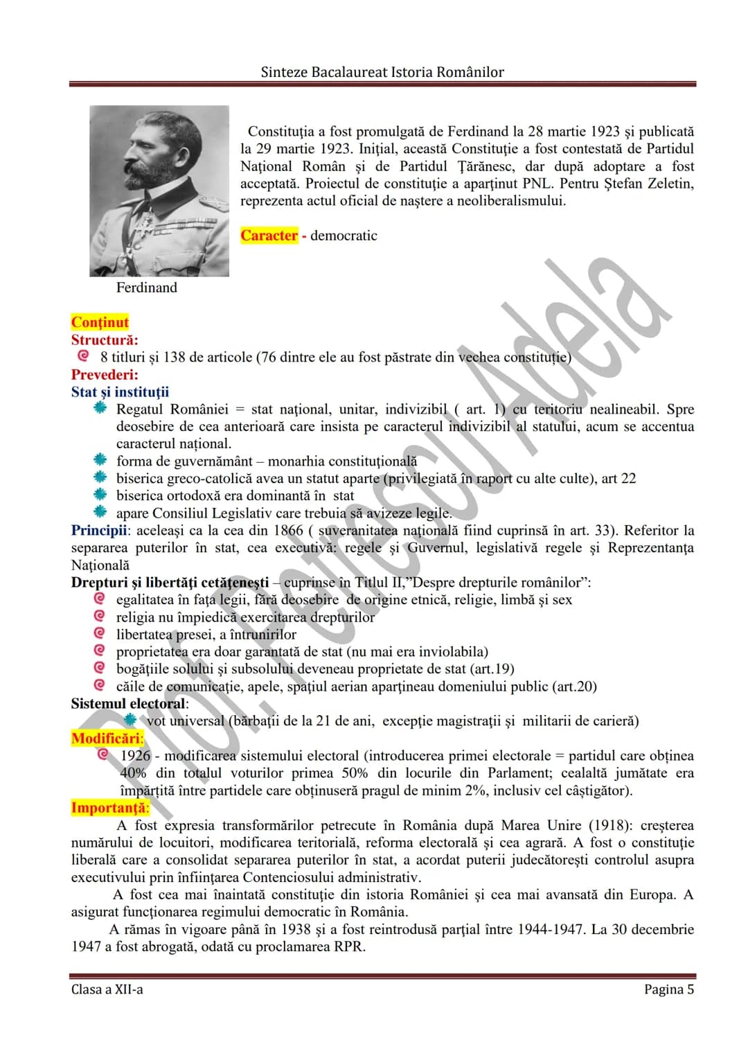 # Sinteze Bacalaureat Istoria Românilor
TEMA 7
# CONSTITUŢIILE DIN ROMÂNIA
CONSTITUȚIE - Lege fundamentală a unui stat care determină for