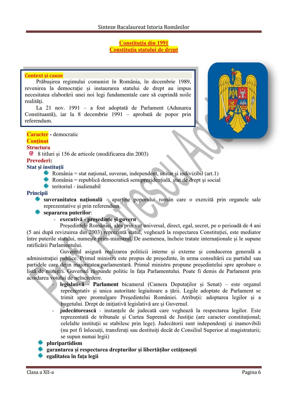# Sinteze Bacalaureat Istoria Românilor
TEMA 7
# CONSTITUŢIILE DIN ROMÂNIA
CONSTITUȚIE - Lege fundamentală a unui stat care determină for