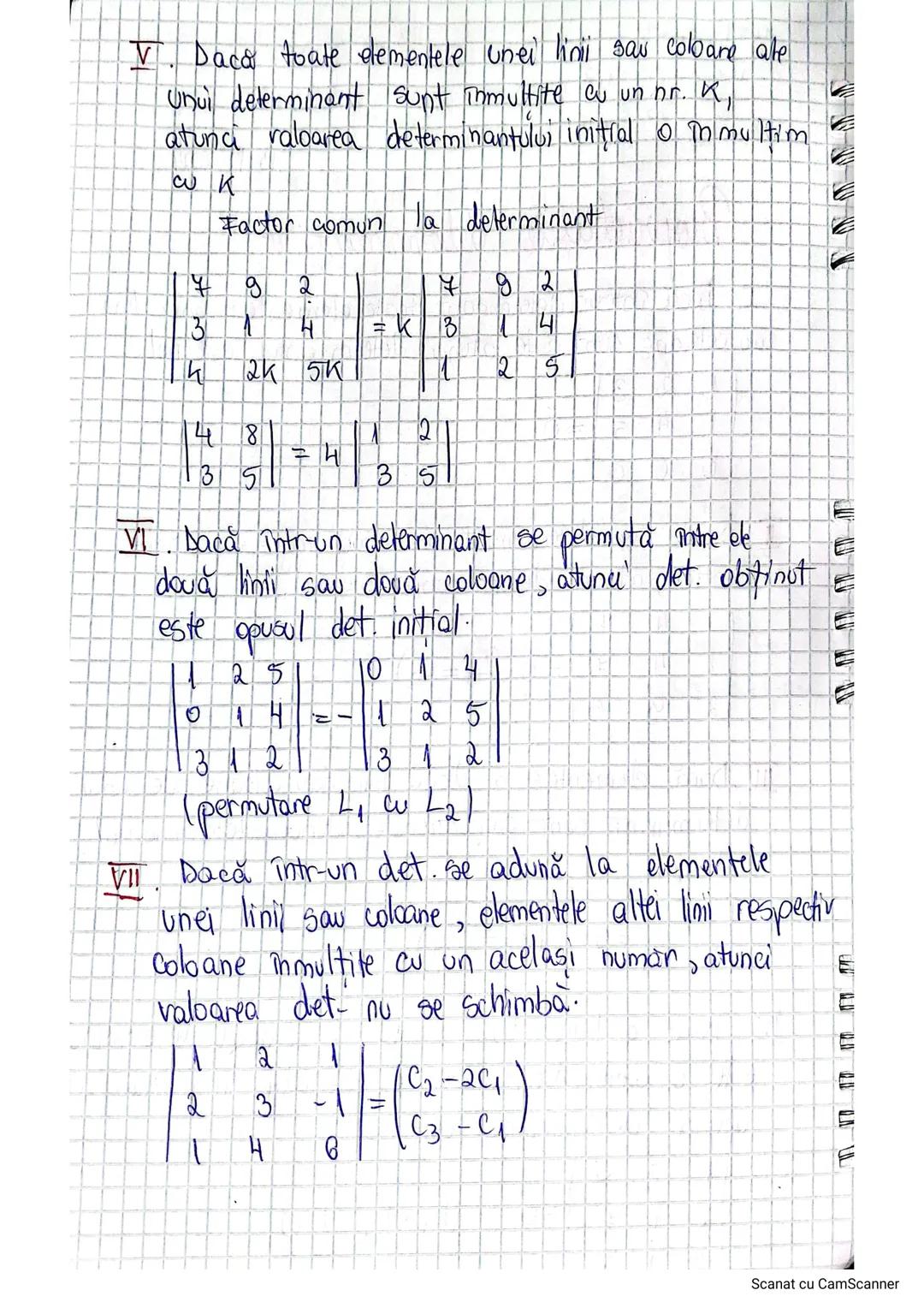 # Proprietățile determinanților
I. Dacă într-un determinant toate elementele unei linii sau coloane sunt nule atunci determinantul este nul