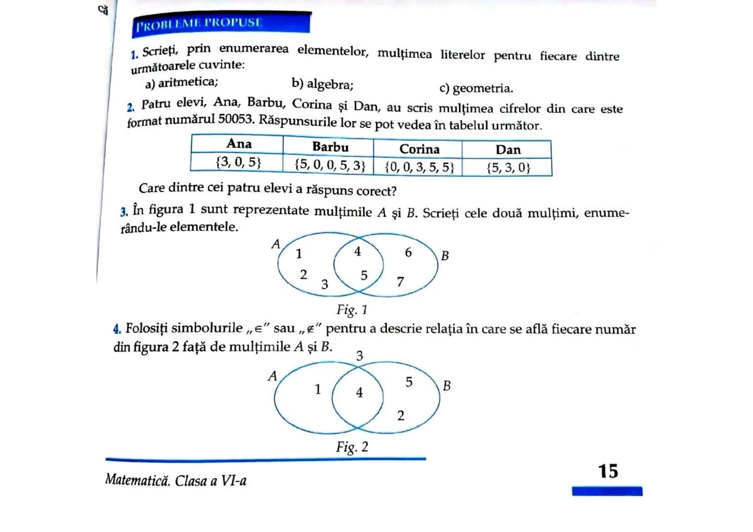 # PROBLEME PROPUSE
1. Scrieți, prin enumerarea elementelor, mulțimea literelor pentru fiecare dintre
următoarele cuvinte:
a) aritmetica;
b)
