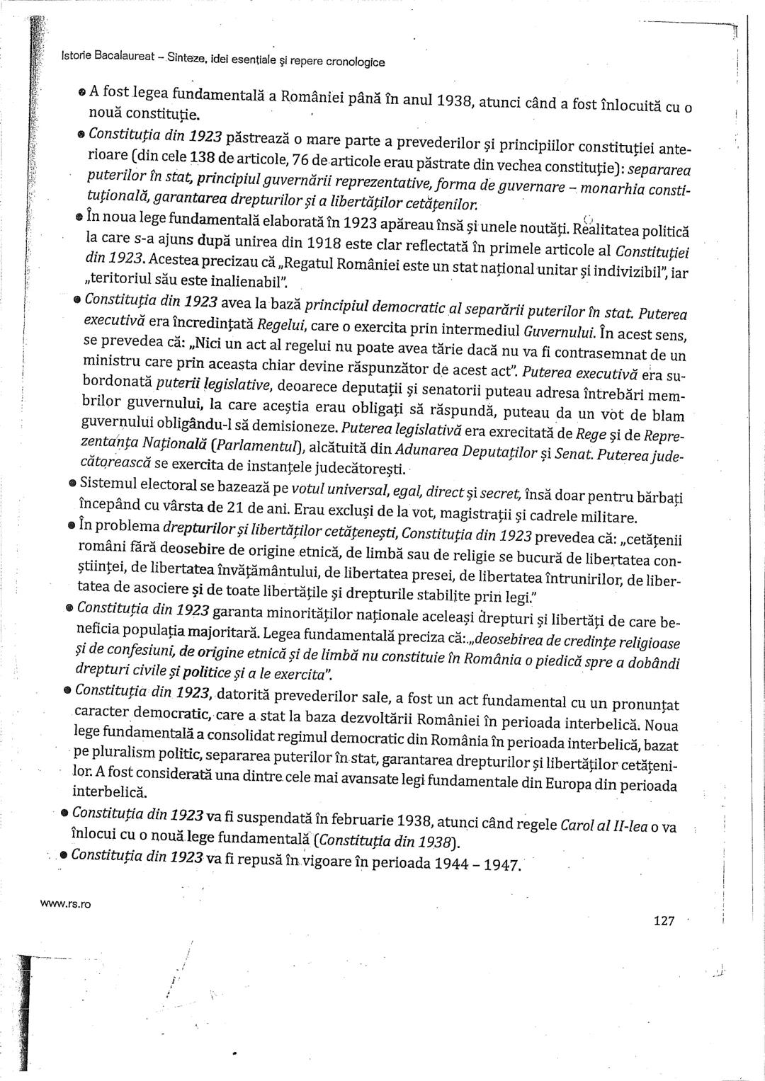 Istorie Bacalaureat - Sinteze, idei esentiale şi repere cronologice
Constituţiile României
• Constituţia este o creație a epocii moderne.