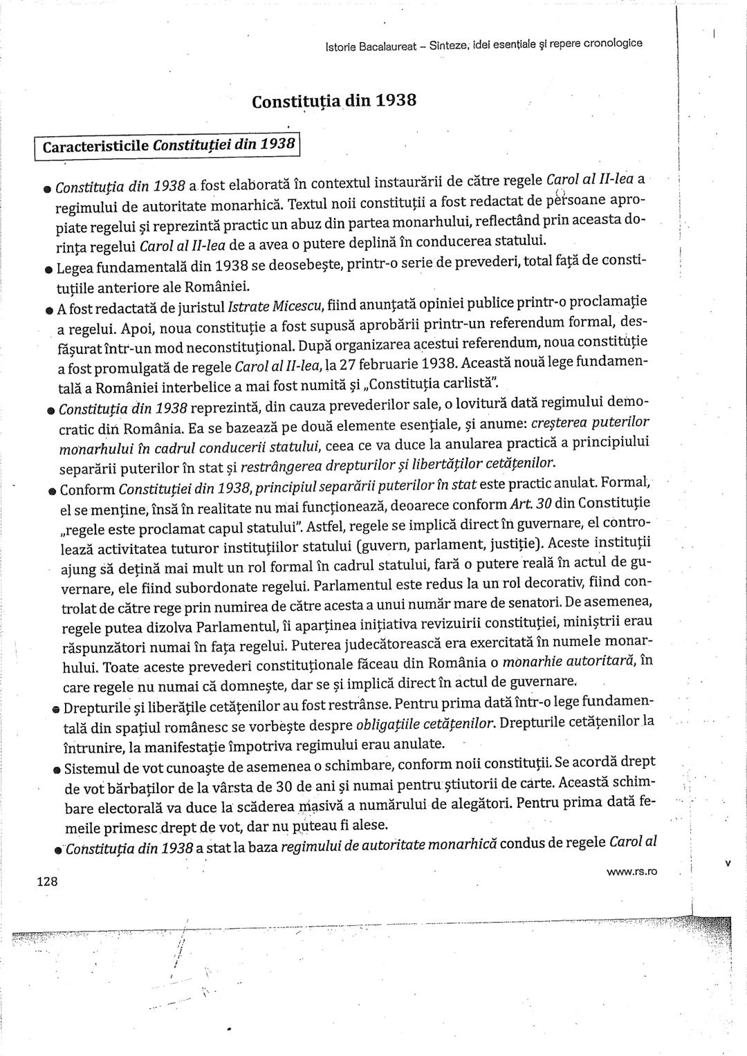 Istorie Bacalaureat - Sinteze, idei esentiale şi repere cronologice
Constituţiile României
• Constituţia este o creație a epocii moderne.