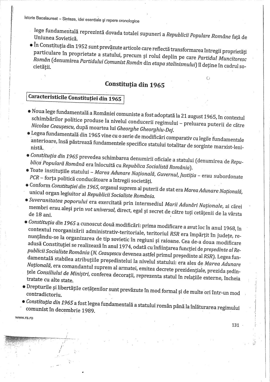 Istorie Bacalaureat - Sinteze, idei esentiale şi repere cronologice
Constituţiile României
• Constituţia este o creație a epocii moderne.