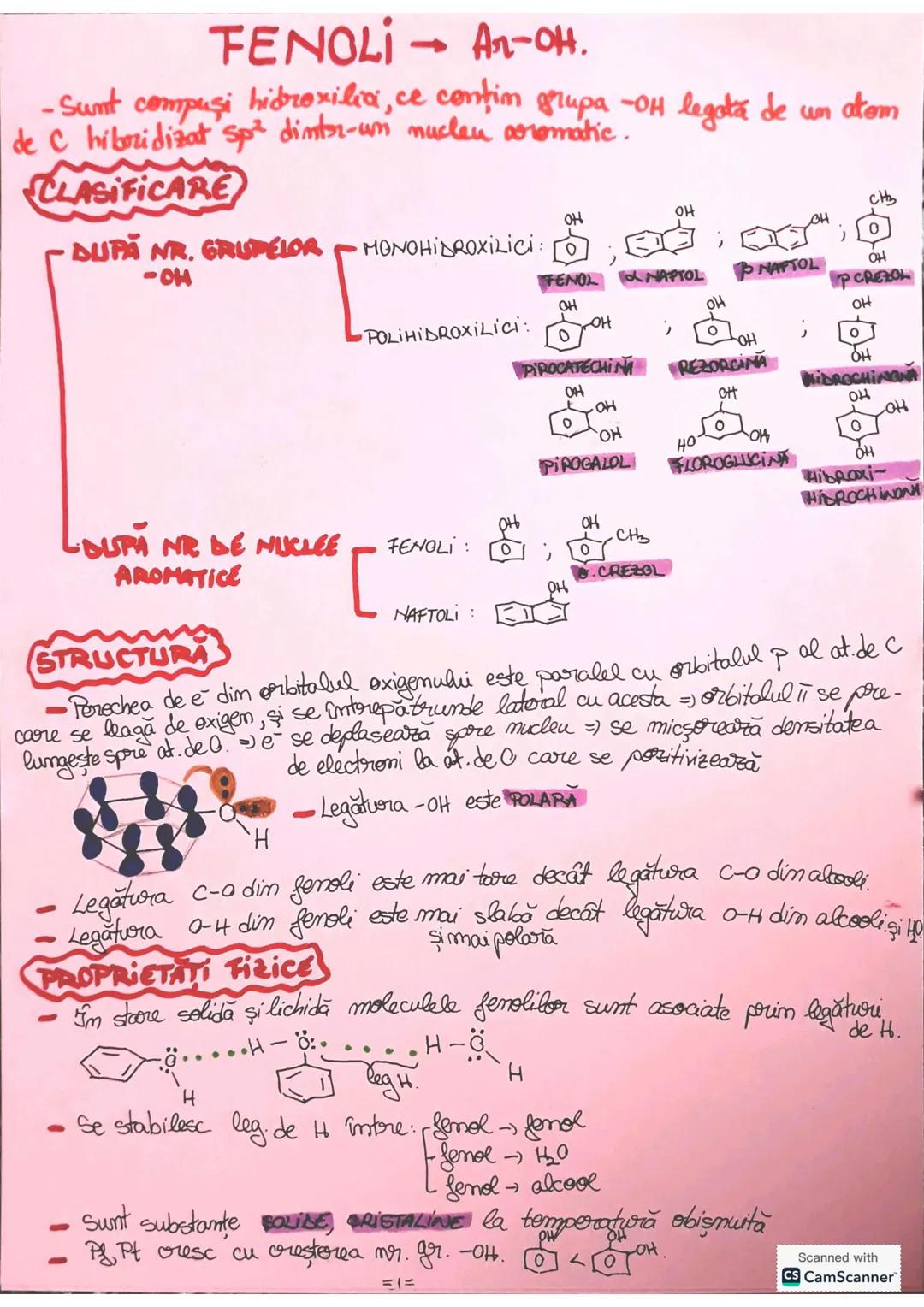 # FENOLI → Ar-OH.
-Sunt compuși hidroxilici, ce conțin grupa -OH legată de un atom
de C hibridizat $Sp^2$ dintr-un nucleu aromatic.
# CLASIF
