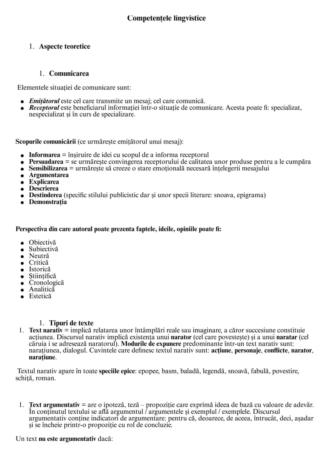 # Competenţele lingvistice
1. Aspecte teoretice
1. Comunicarea
Elementele situației de comunicare sunt:
* Emiţătorul este cel care tra